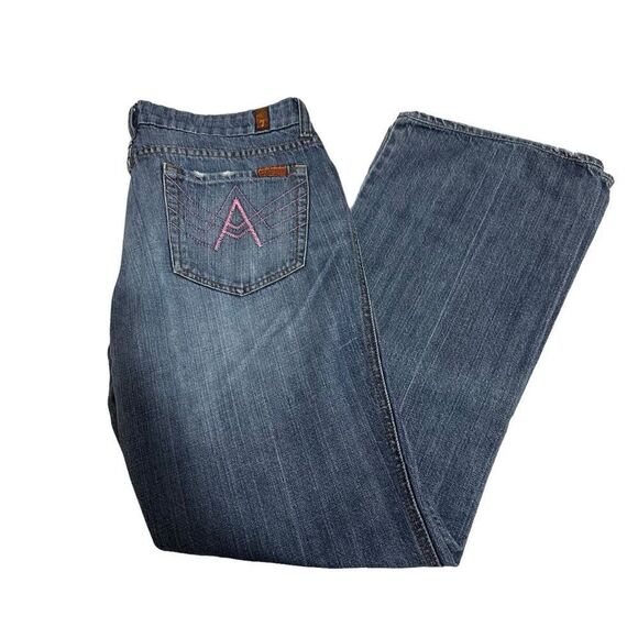 7 for All Mankind Distressed Flared Denim Blue Jeans Pink Embroidery Sz 32 - Picture 1 of 13